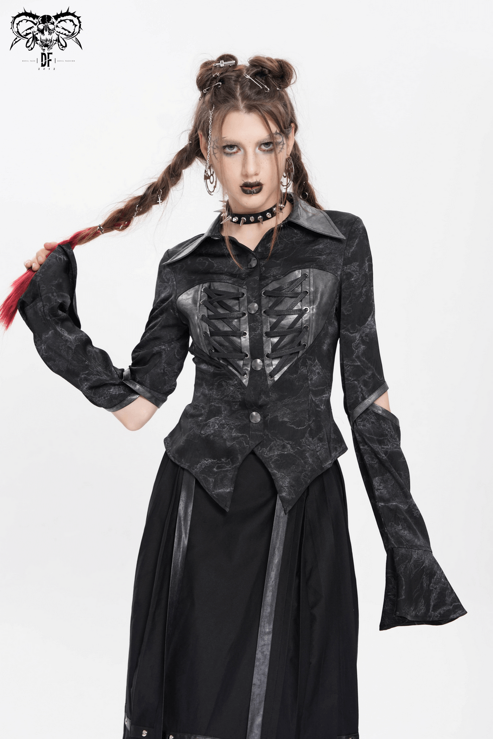Gothic black lace-up shirt with cut-out sleeves, perfect for punk and alternative fashion statements.
