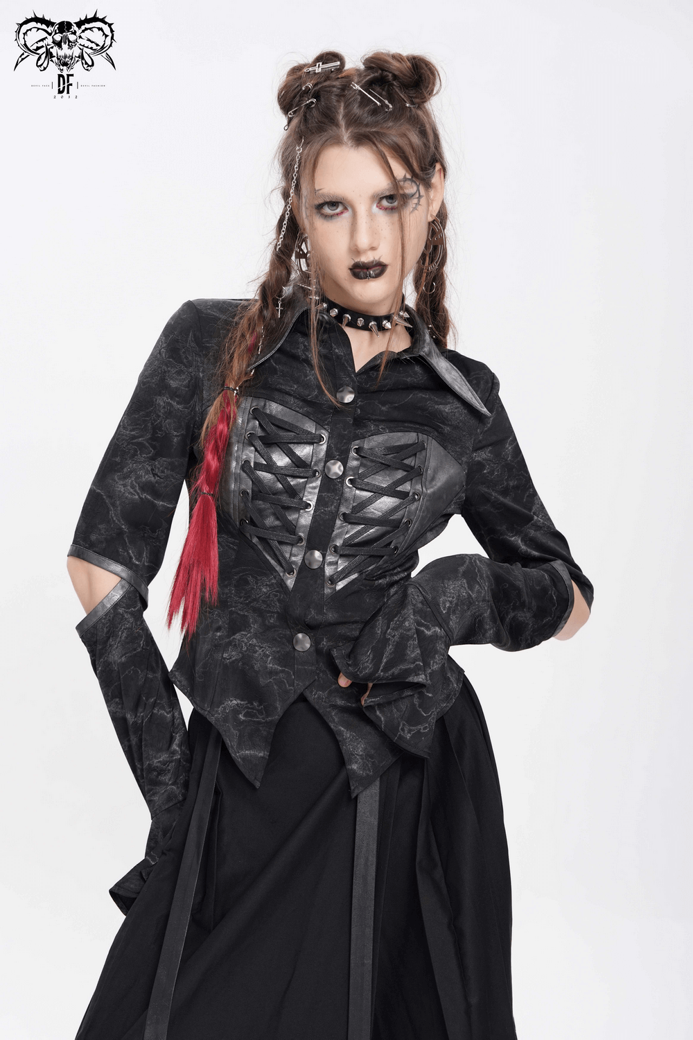 Gothic black lace-up shirt with cut-out sleeves, flared cuffs, and edgy punk-inspired style.