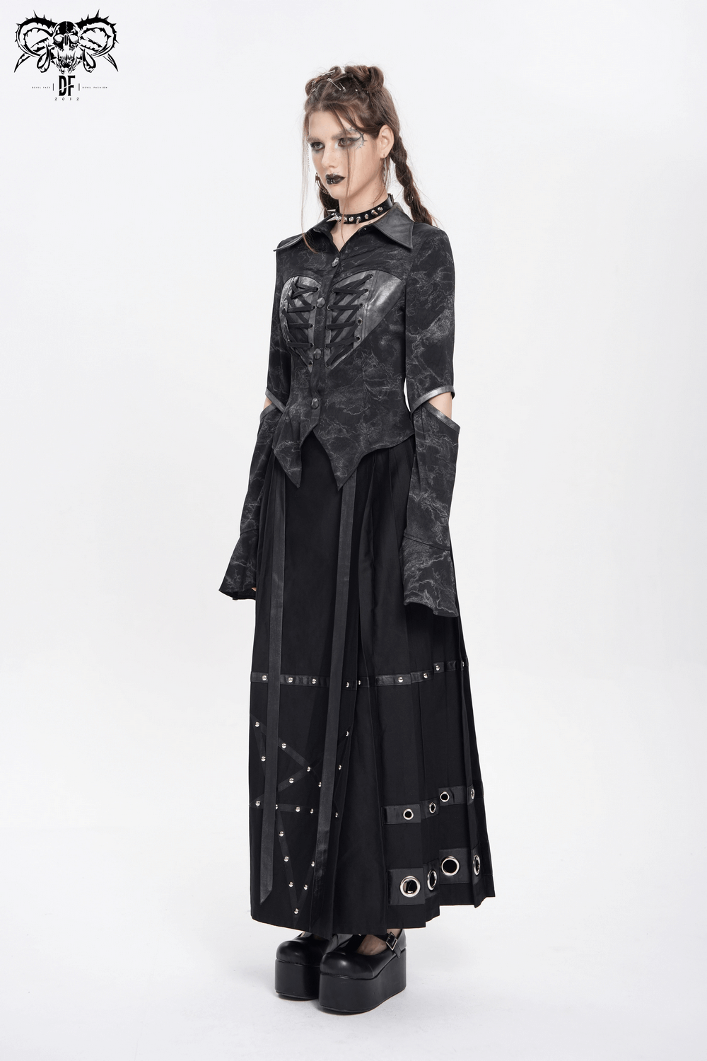 Gothic black lace-up shirt with cut-out sleeves, flared cuffs, and punk-inspired style for alternative fashion.