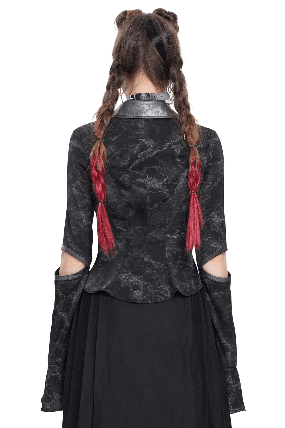 Back view of gothic black lace-up shirt with cut-out sleeves and red braids for punk-inspired style.