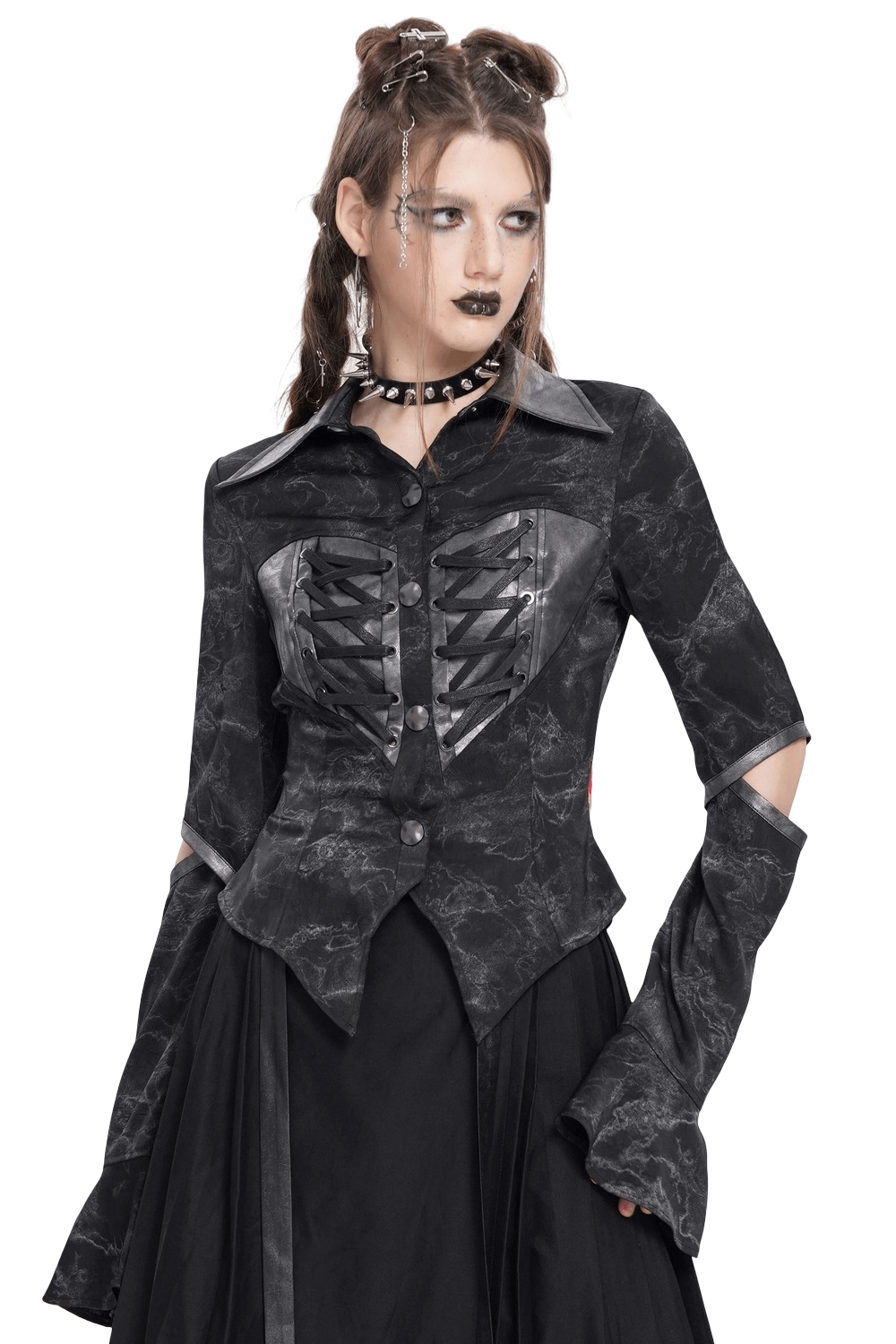 Gothic black lace-up shirt with cut-out sleeves, structured collar, and punk-inspired style for alternative fashion.
