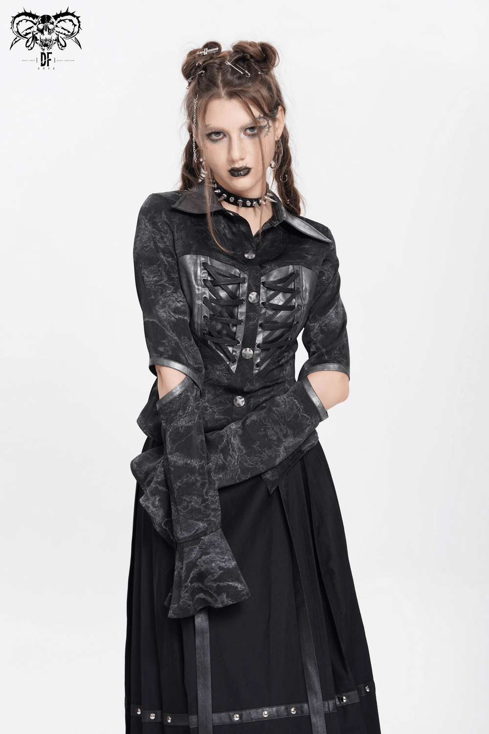Gothic black lace-up shirt with cut-out sleeves and flared cuffs, perfect for punk-inspired outfits.