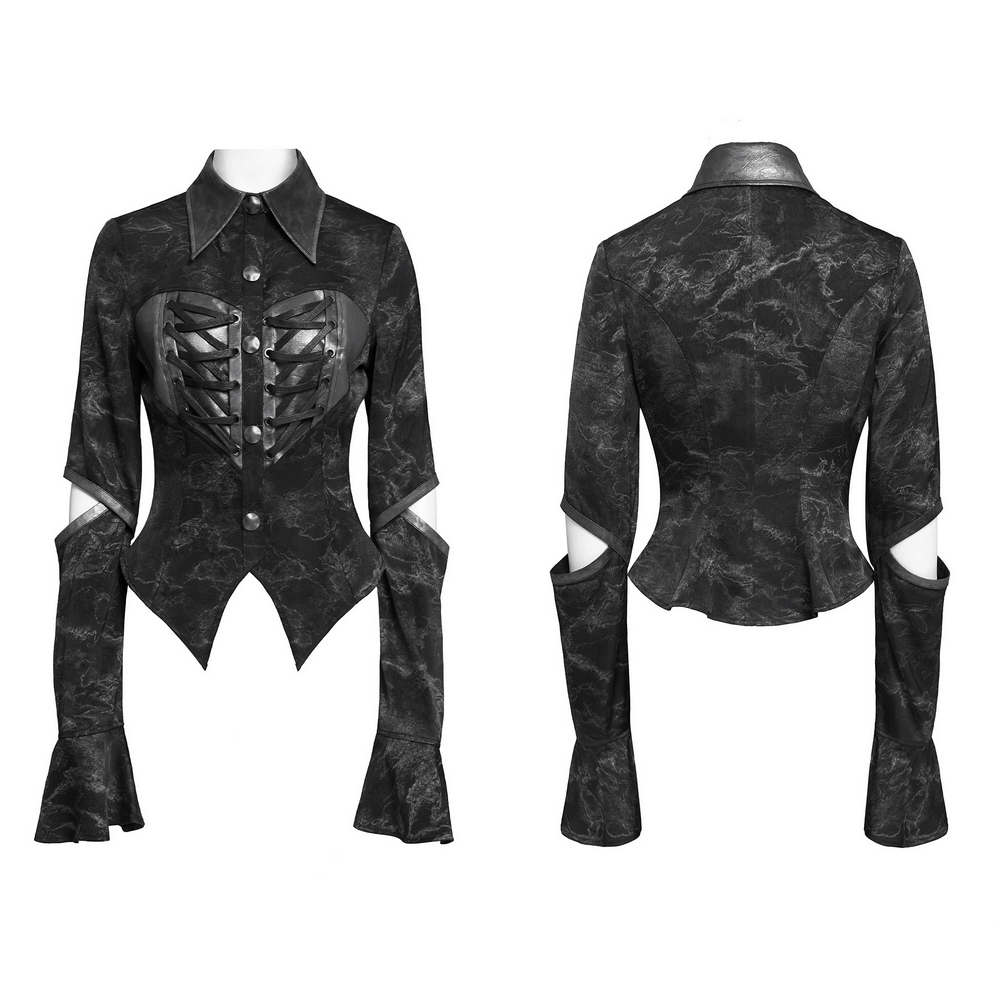 Gothic black lace-up women's shirt with cut-out sleeves and flared cuffs, showcasing a punk-inspired design.