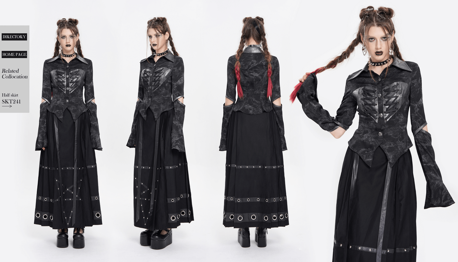 Gothic black lace-up shirt with cut-out sleeves and flared cuffs for punk-inspired fashion.