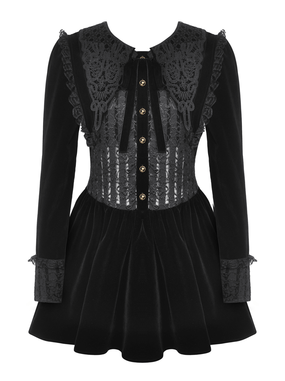 Gothic black lace velvet dress with gold buttons and intricate lace detailing, perfect for Victorian-inspired fashion.