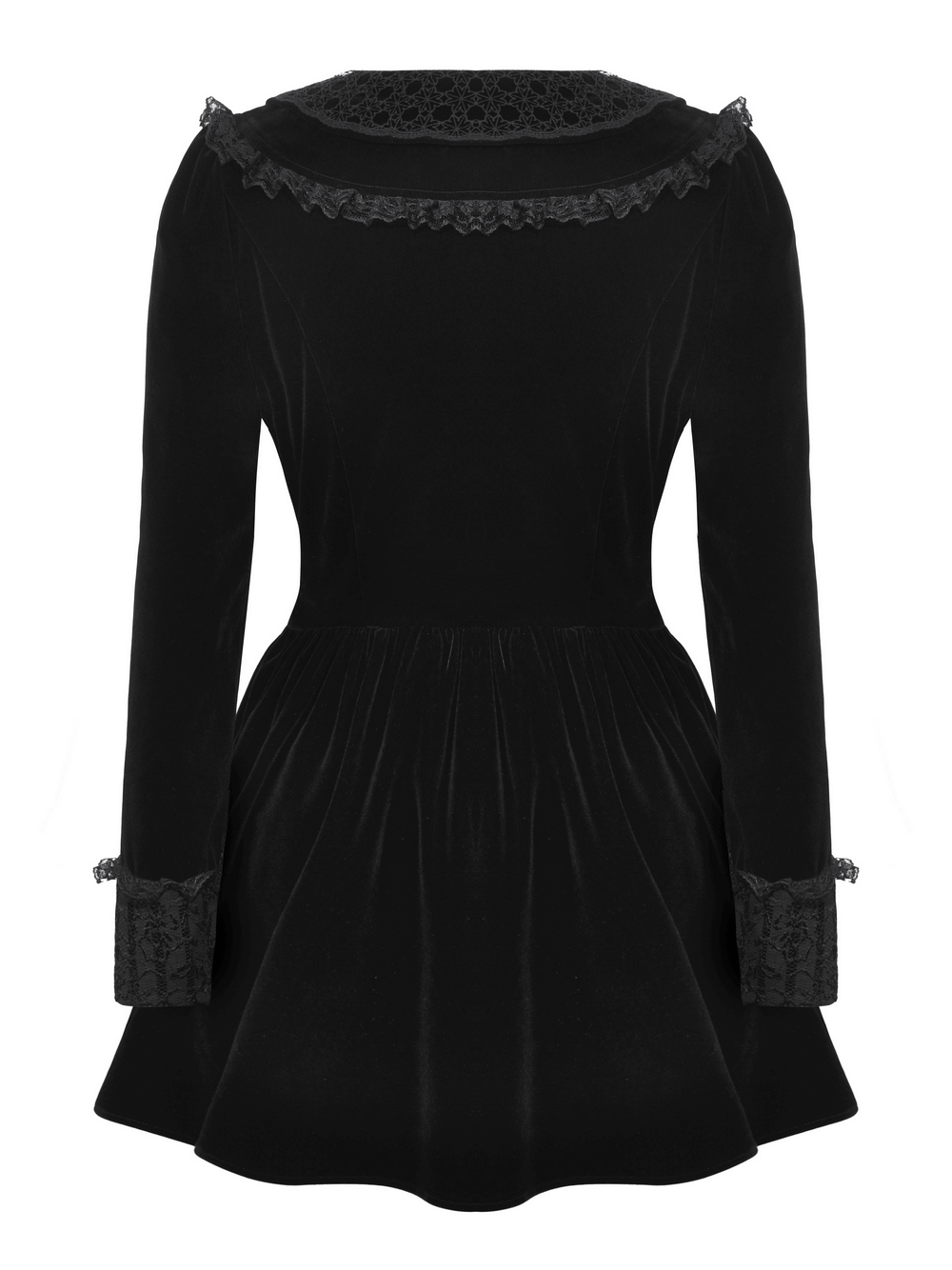 Elegant back view of a Gothic black lace velvet dress with intricate collar and lace-trimmed cuffs. Perfect for Victorian-inspired looks.