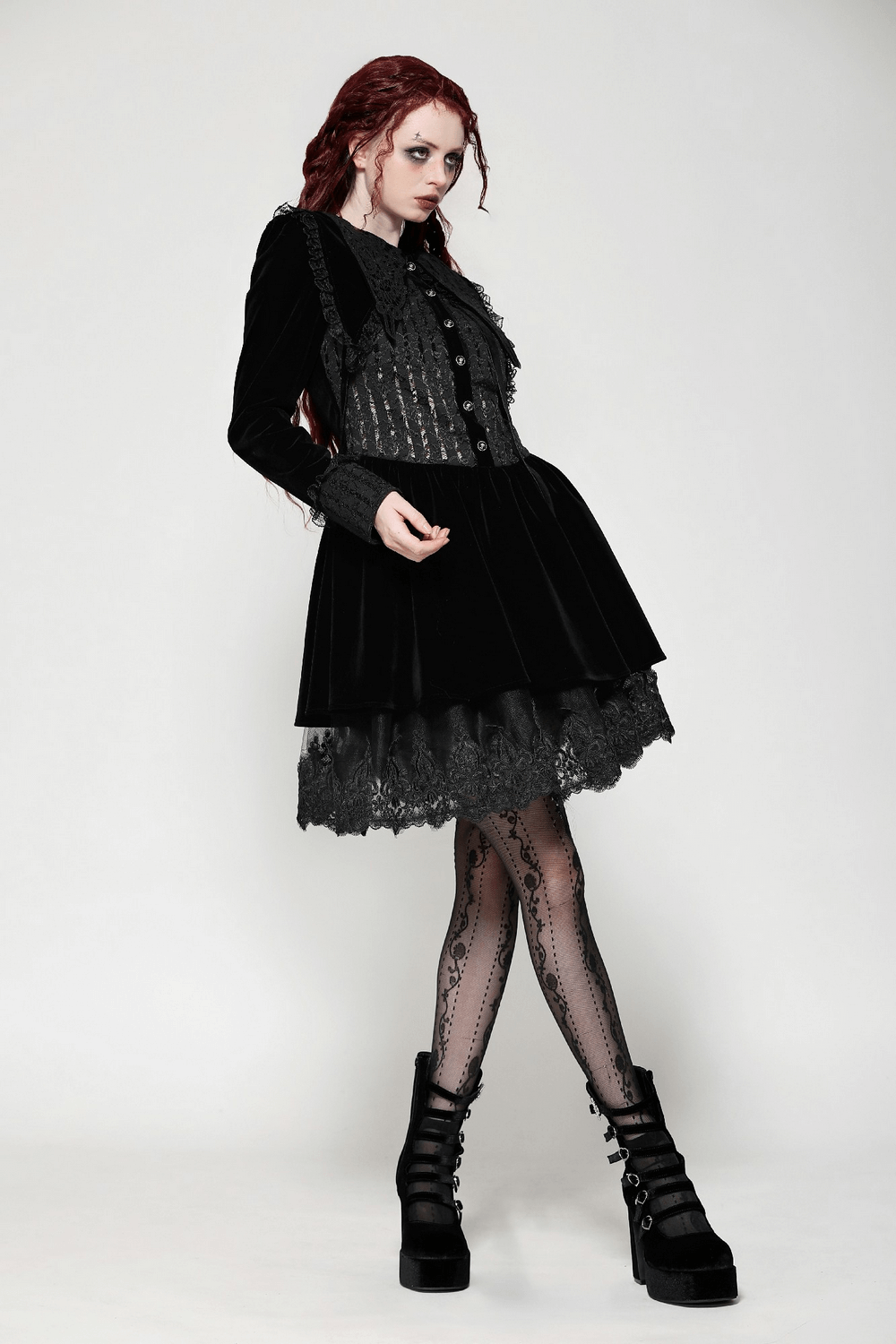 Gothic black lace velvet dress with button details, showcasing a stylish model in elegant attire and lace-trimmed accessories.