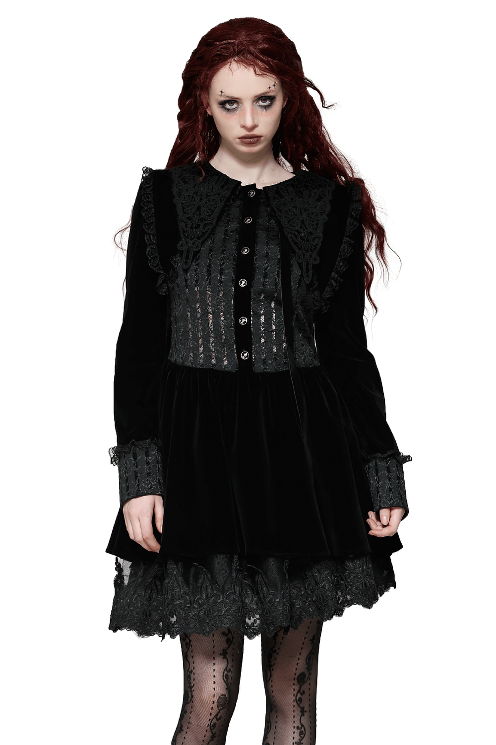 Gothic black lace velvet dress with button details, featuring intricate lace trim and a flowing silhouette. Perfect for Victorian-inspired style.