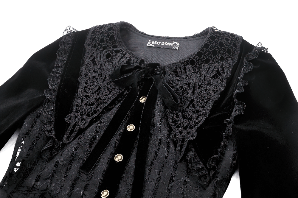 Gothic black lace velvet dress with intricate lace detailing and gold buttons, perfect for elegant Victorian-inspired looks.