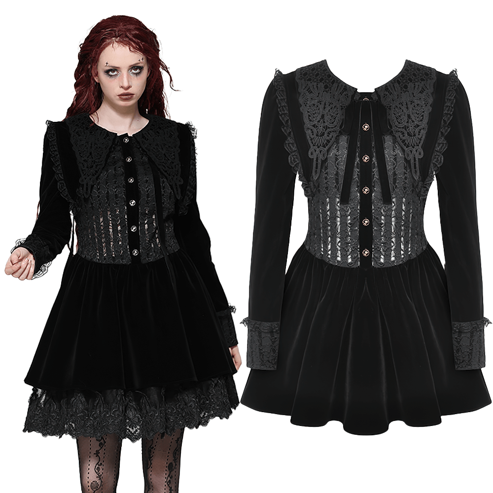 Gothic black lace velvet dress with gold button details, showcasing Victorian-inspired elegance and intricate lace accents.