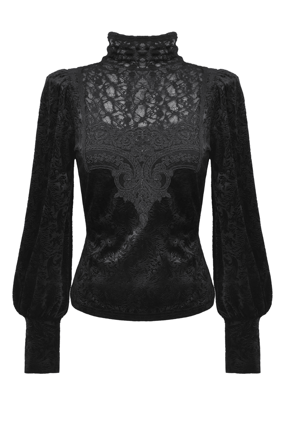 Gothic black lace Victorian top with high neck and velvet detailing, featuring intricate lace design and voluminous sleeves.