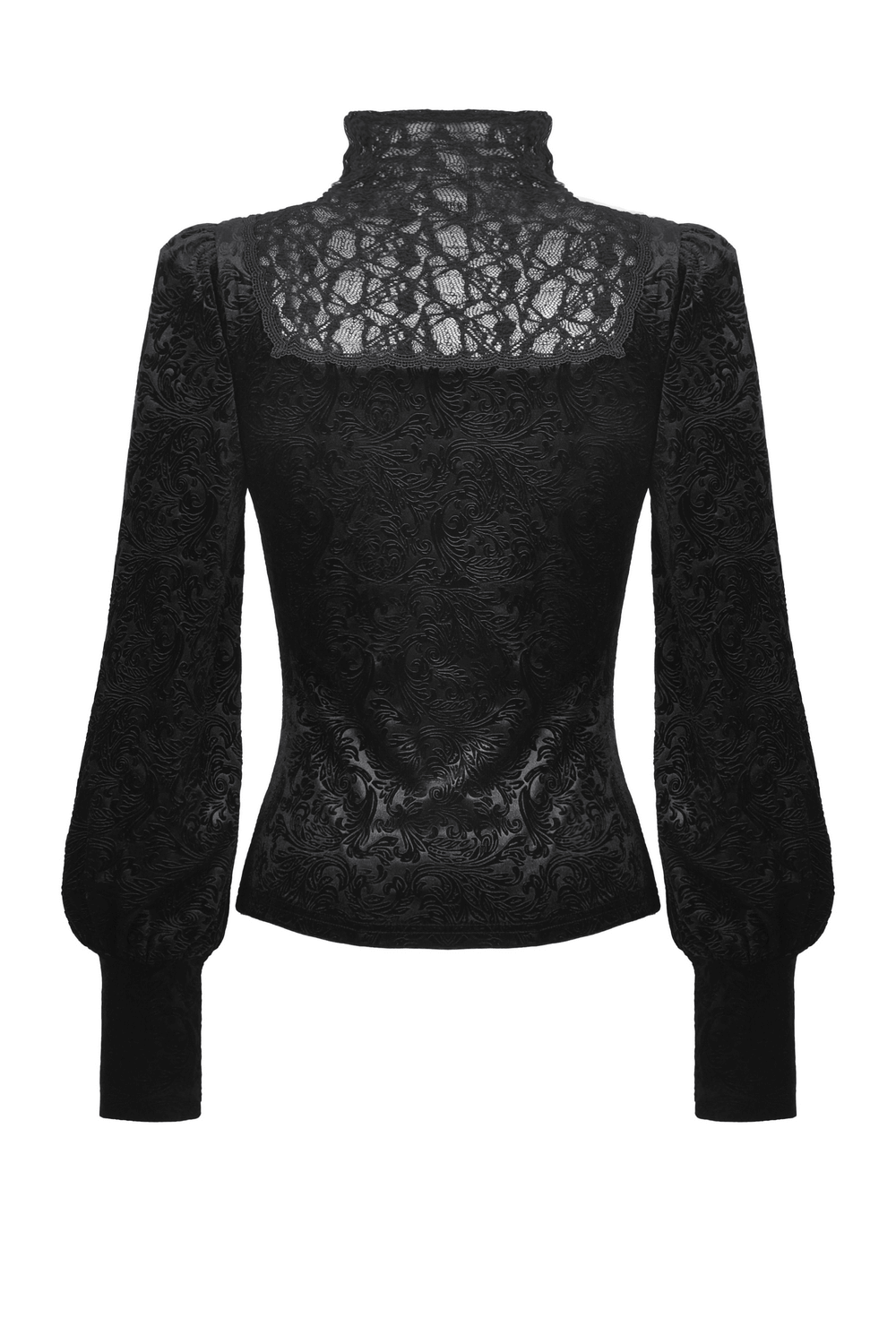 Back view of a gothic black lace Victorian top with high neck and voluminous sleeves, featuring intricate velvet detailing.