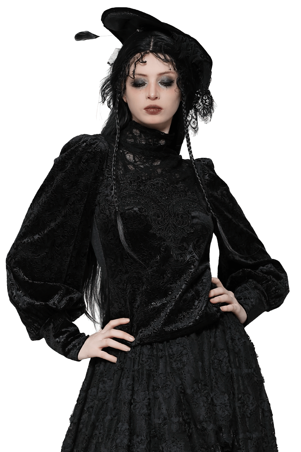 Gothic black lace Victorian top with high neck, voluminous sleeves, and velvet detailing, perfect for alternative fashion.