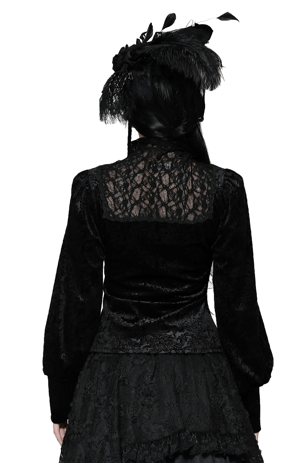 Gothic black lace Victorian top with high neck and voluminous sleeves, featuring intricate lace design and velvet detailing.