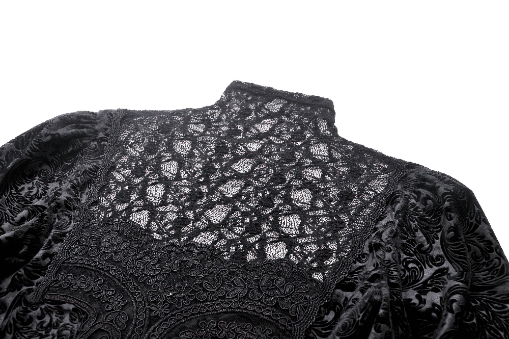 Gothic black lace Victorian top with high neck and velvet detailing, showcasing intricate lace design and voluminous sleeves.