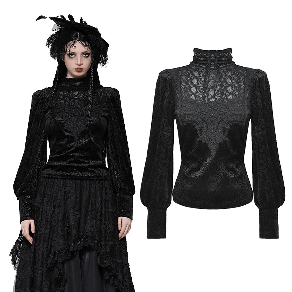 Gothic Victorian black lace top with high neck, velvet detailing, and voluminous sleeves for vintage elegance and dramatic style.