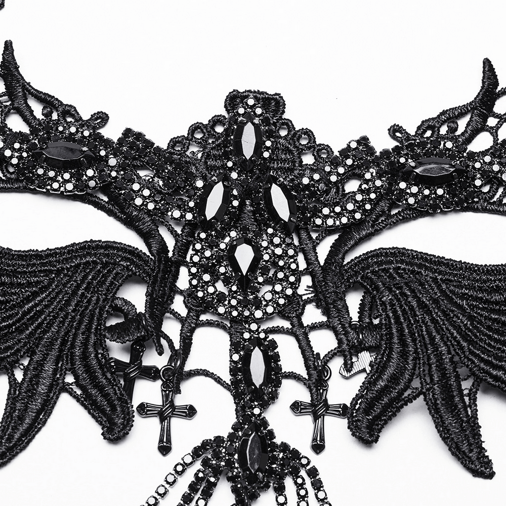 Gothic Black Lace Wing Choker with Cross Pendant