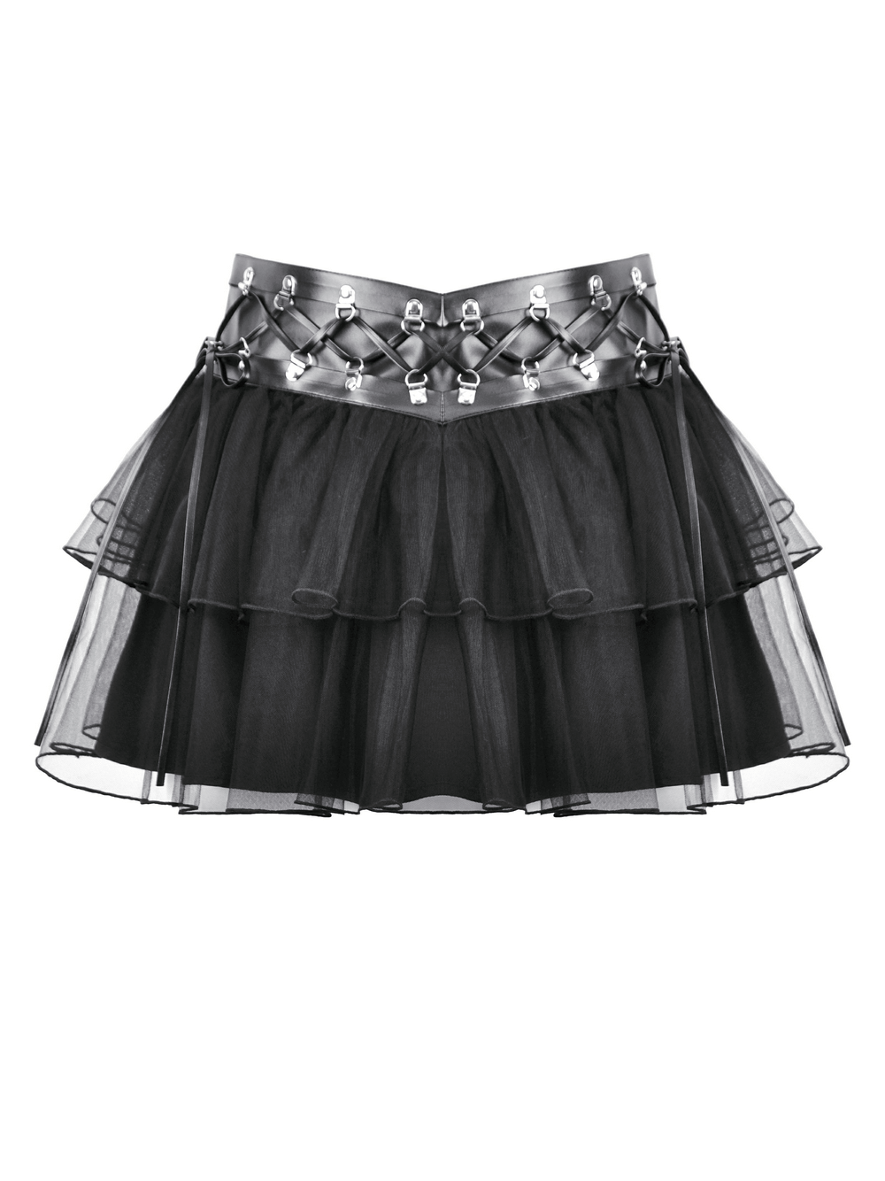 Gothic black layered tulle mini skirt with edgy harness details and faux leather waistband.