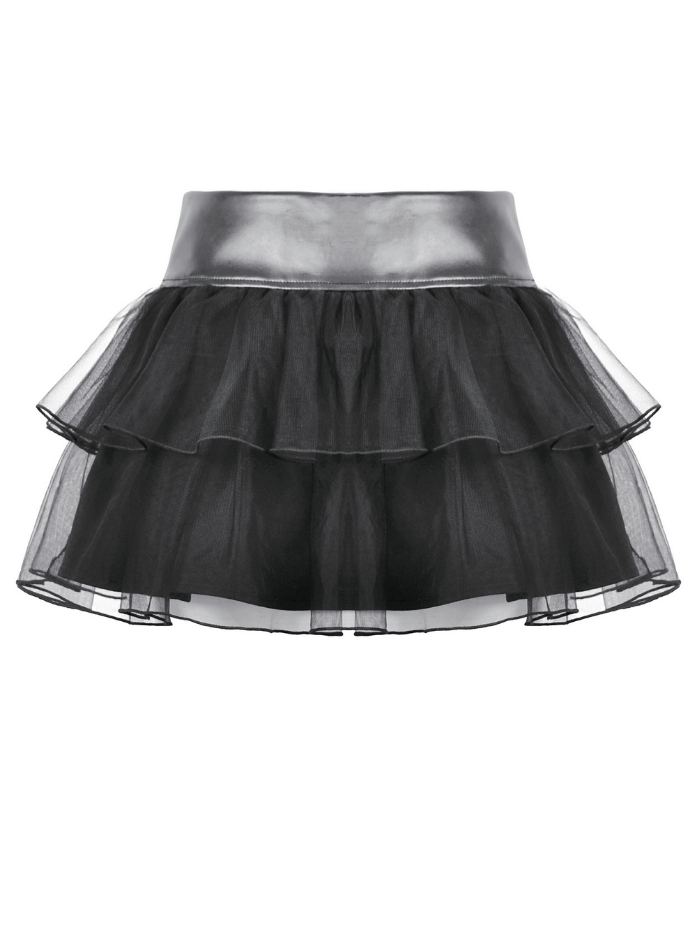 Gothic black layered tulle mini skirt with harness detail and faux leather waistband.