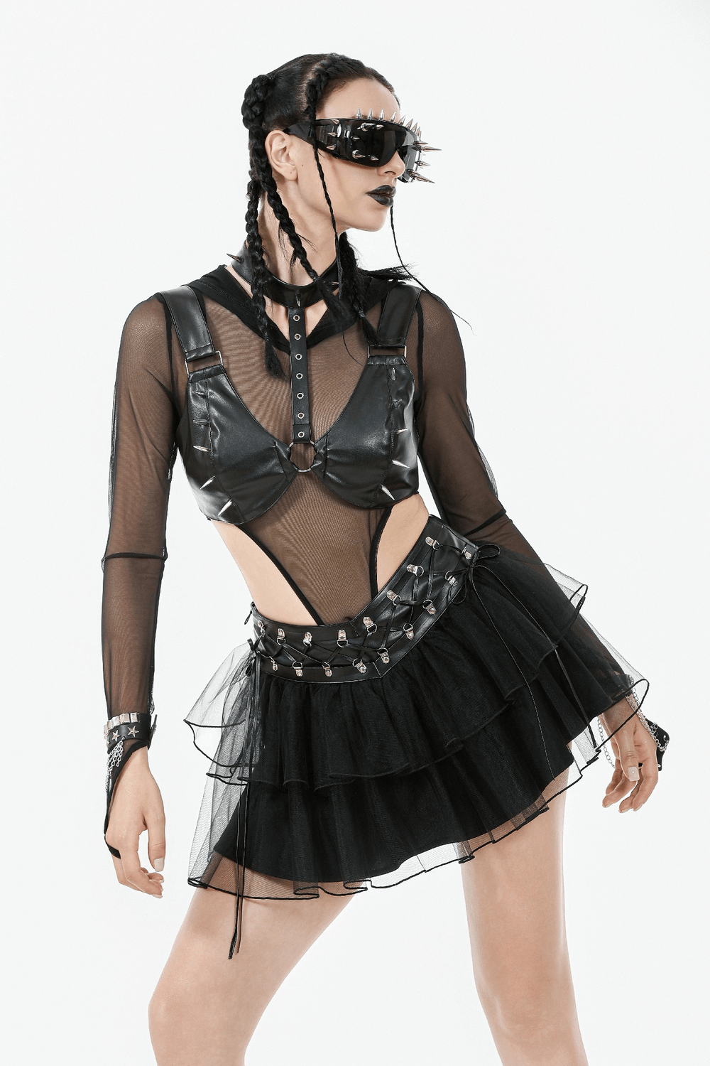 Gothic black layered tulle mini skirt with harness, sheer top, and edgy punk styling for alternative fashion.
