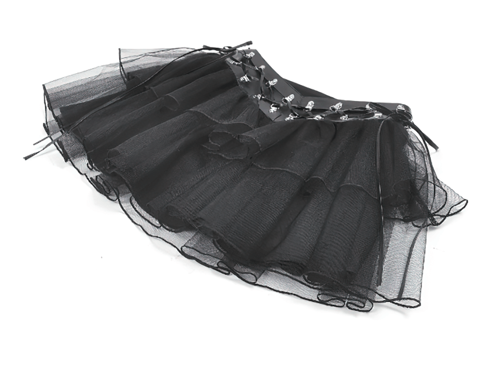 Gothic black layered tulle mini skirt with harness detail and edgy straps, perfect for punk outfits and nights out.