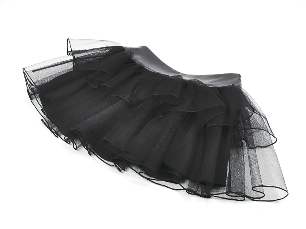Gothic black layered tulle mini skirt featuring harness strap details, perfect for alternative punk outfits.