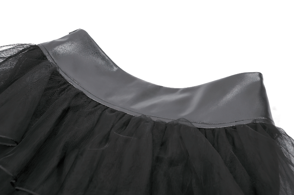 Gothic black layered tulle mini skirt with faux leather waistband and edgy harness details.