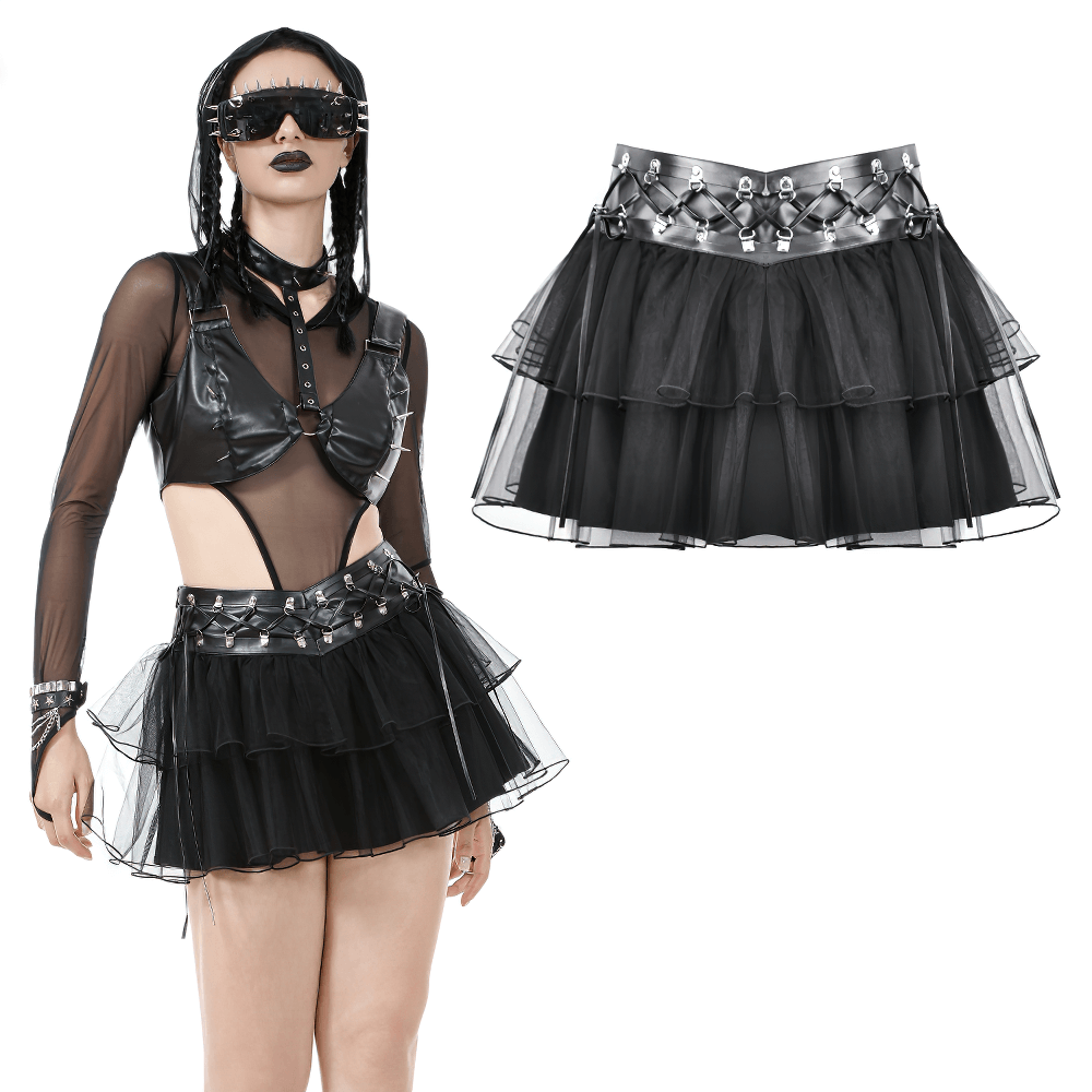 Gothic black layered tulle mini skirt with harness details, featuring sheer panels and metal accents.