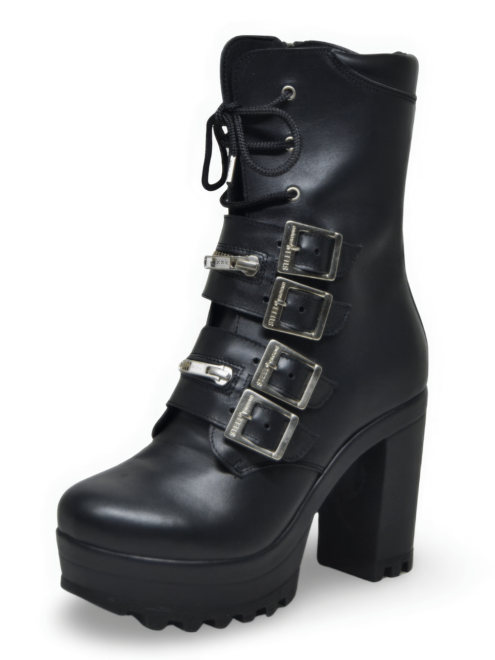 Gothic Black Leather Lace-Up Booties with Double Zip