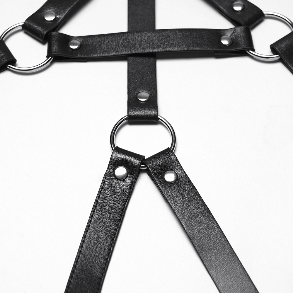 Gothic Black Leather Punk Leg Harness with Skull Rivets featuring adjustable faux leather straps and metal rings.