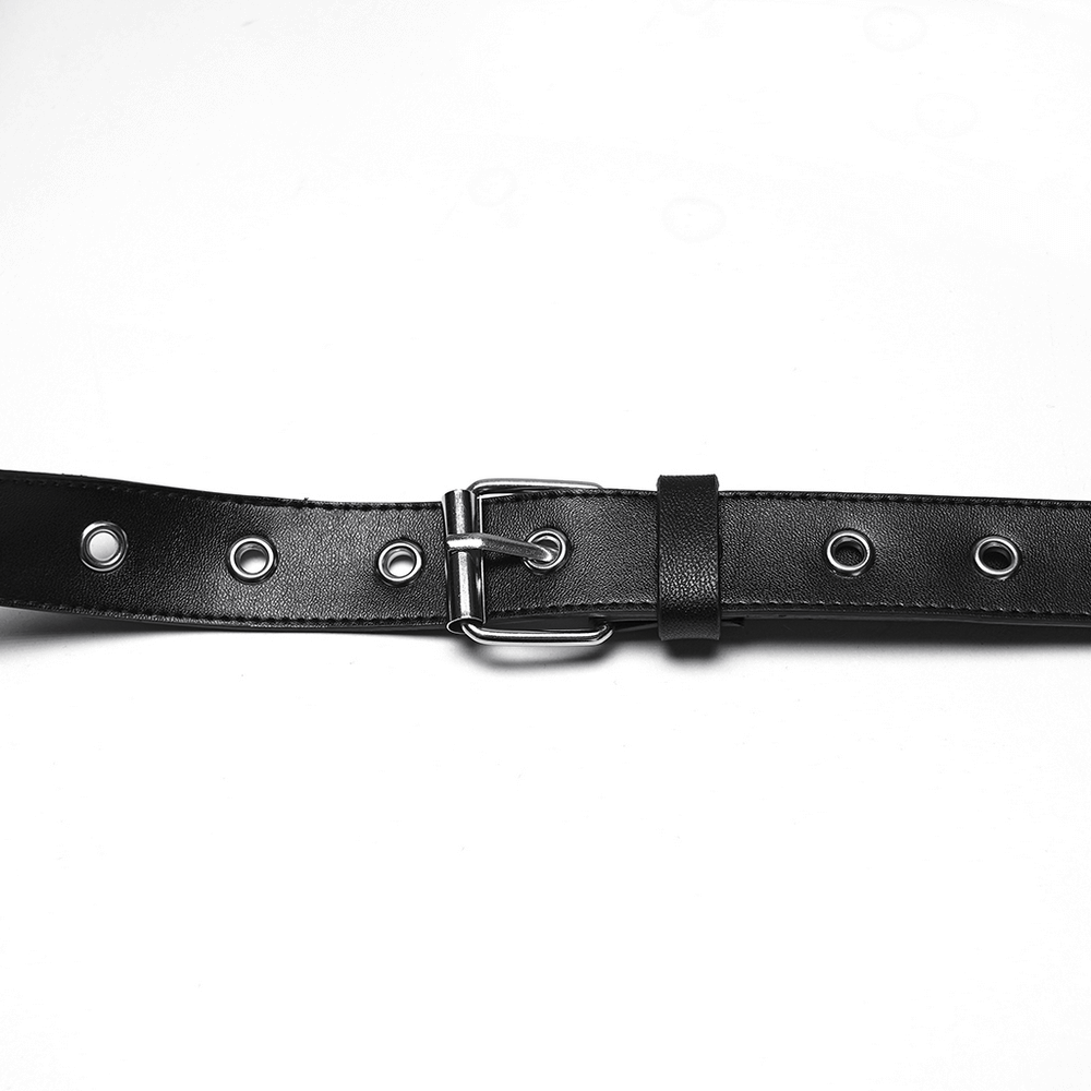 Gothic Black Leather Punk Leg Harness with Skull Rivets featuring adjustable strap and metal rivet details.