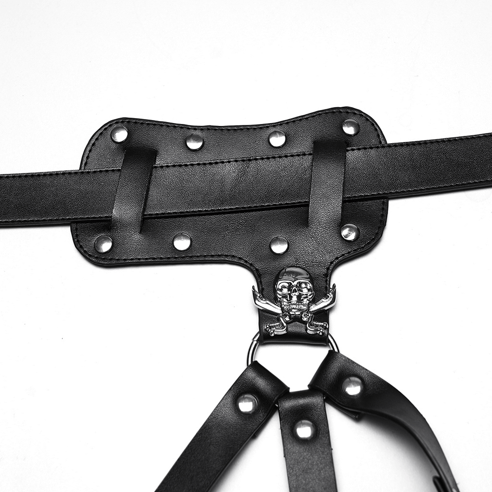 Gothic Black Leather Punk Leg Harness with Skull Rivets showcasing metal skull detail and rivet embellishments.