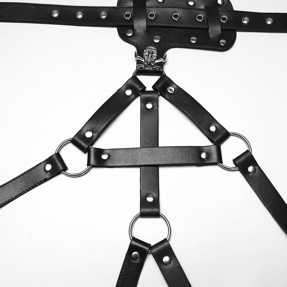 Gothic Black Leather Punk Leg Harness with Skull Rivets showcasing intricate design and adjustable straps.