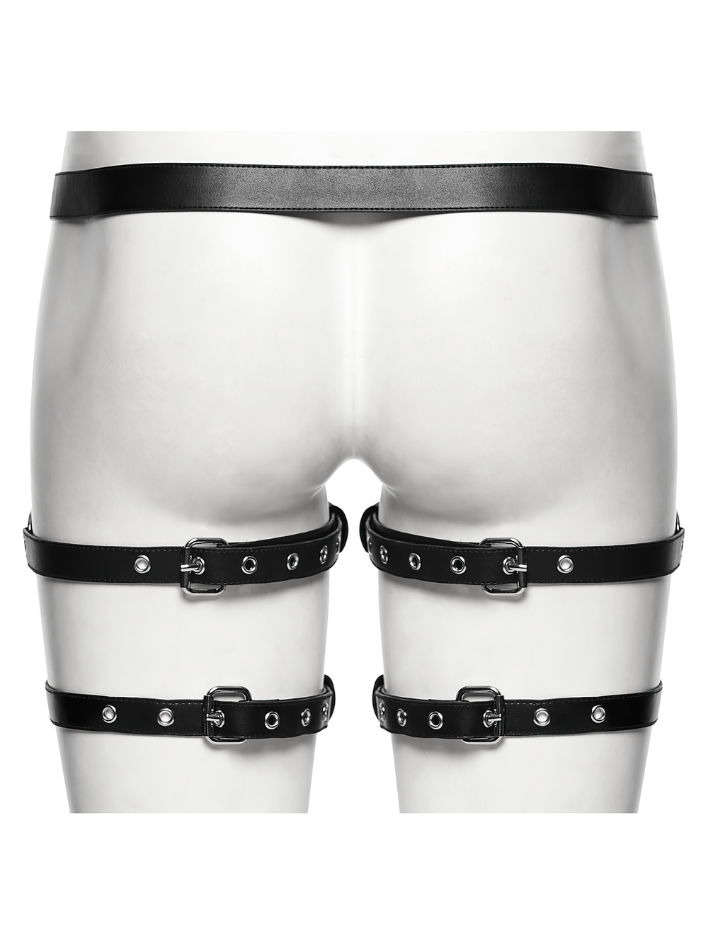 Gothic Black Leather Punk Leg Harness with Skull Rivets featuring adjustable straps and metal rivets.