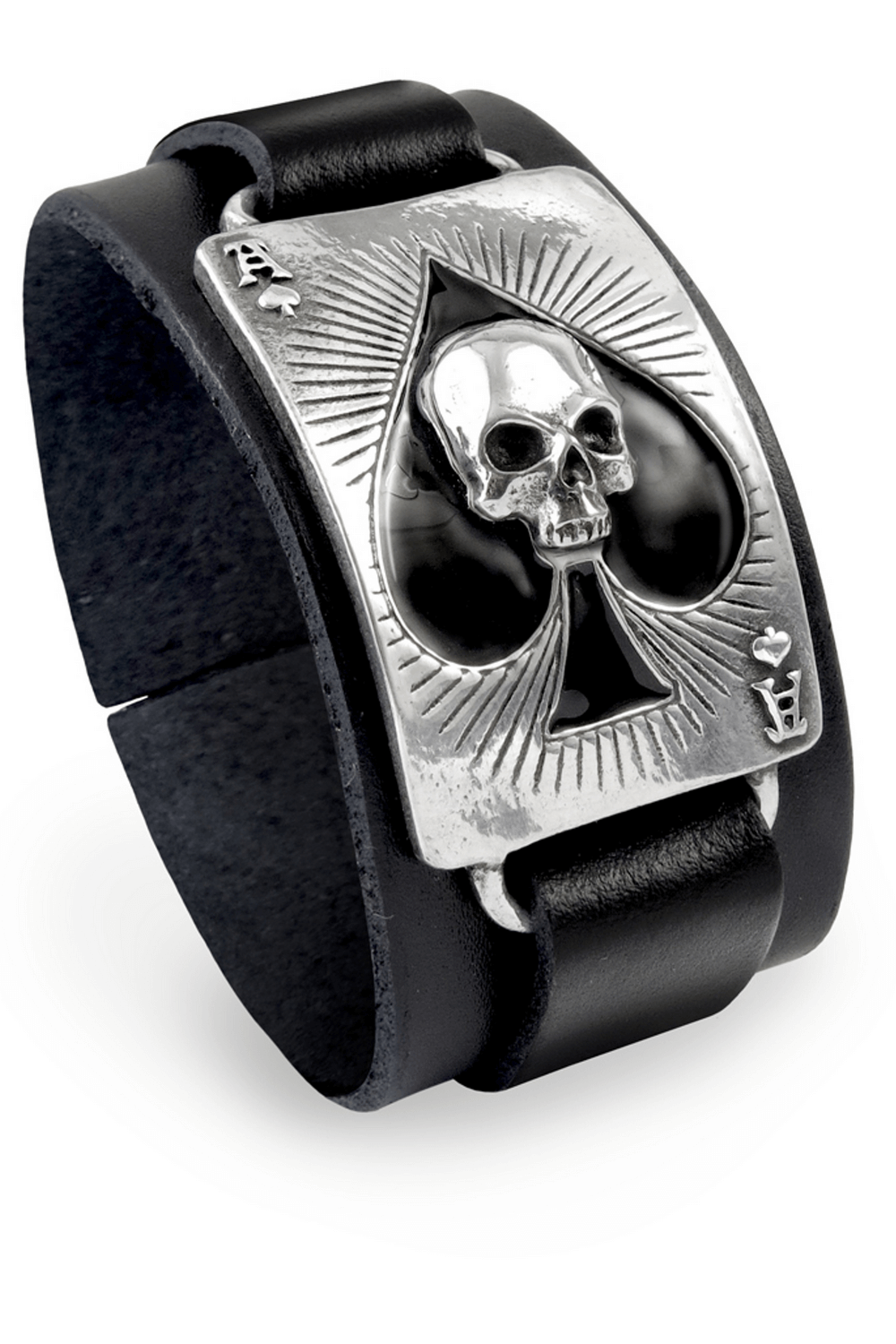 Gothic black leather wristband featuring a skull and spade design, perfect for bold style and everyday rebellion.