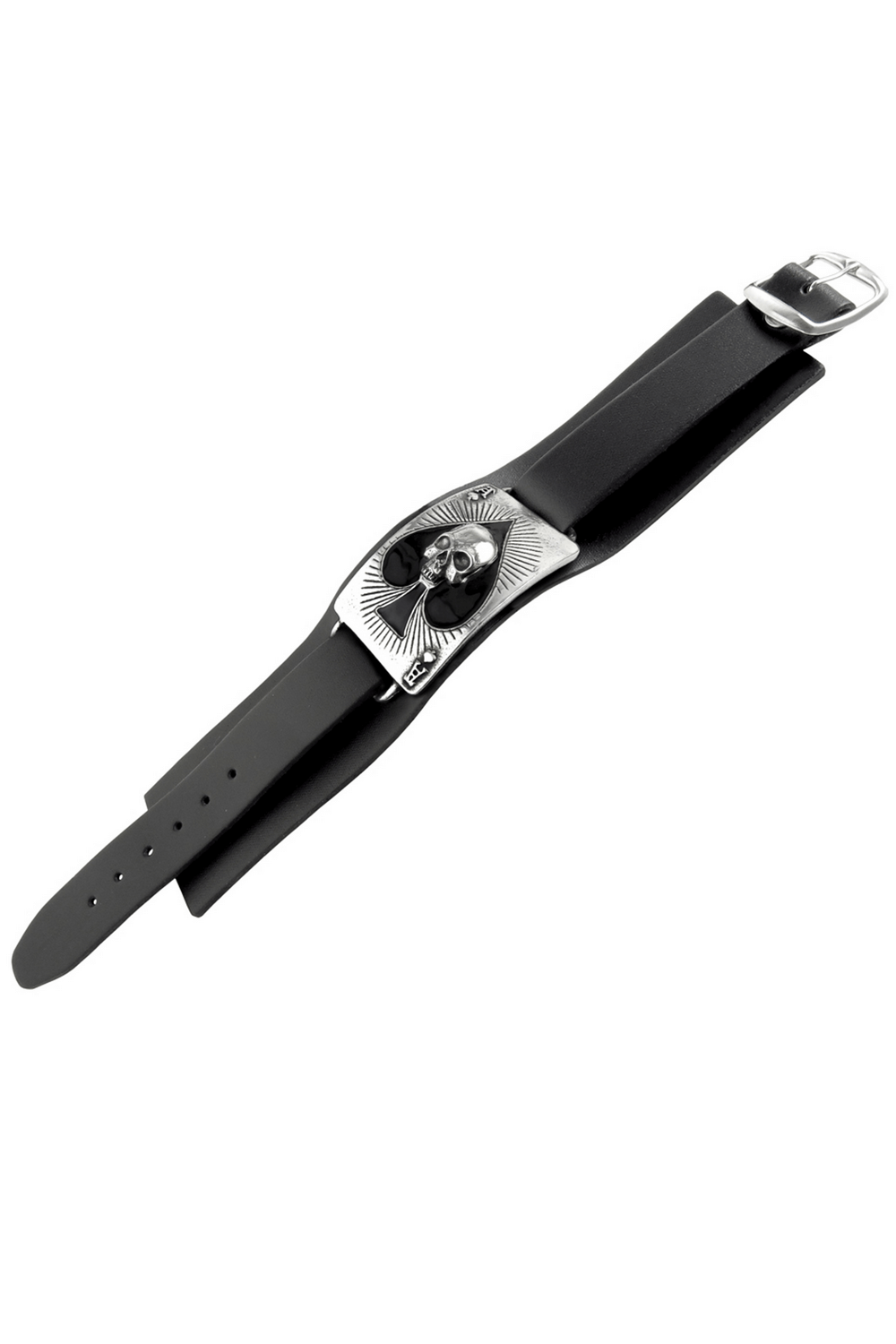 Gothic black leather wristband featuring a pewter skull and Ace of Spades design, perfect for edgy fashion lovers.