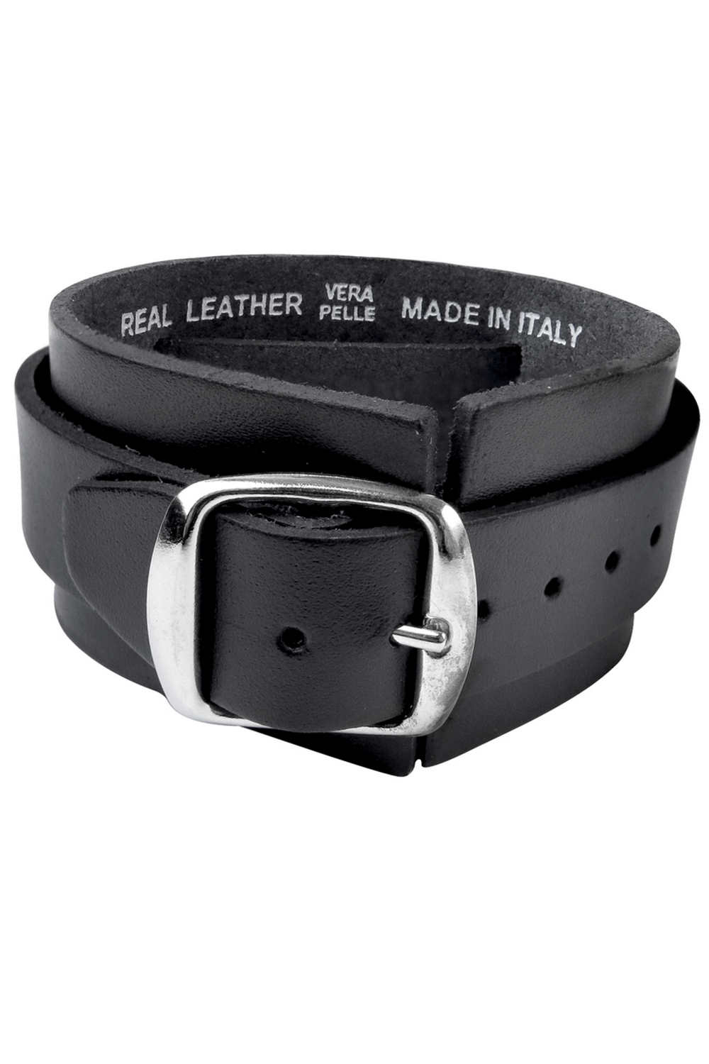 Gothic black leather wristband with silver buckle, showcasing Italian craftsmanship and edgy style.