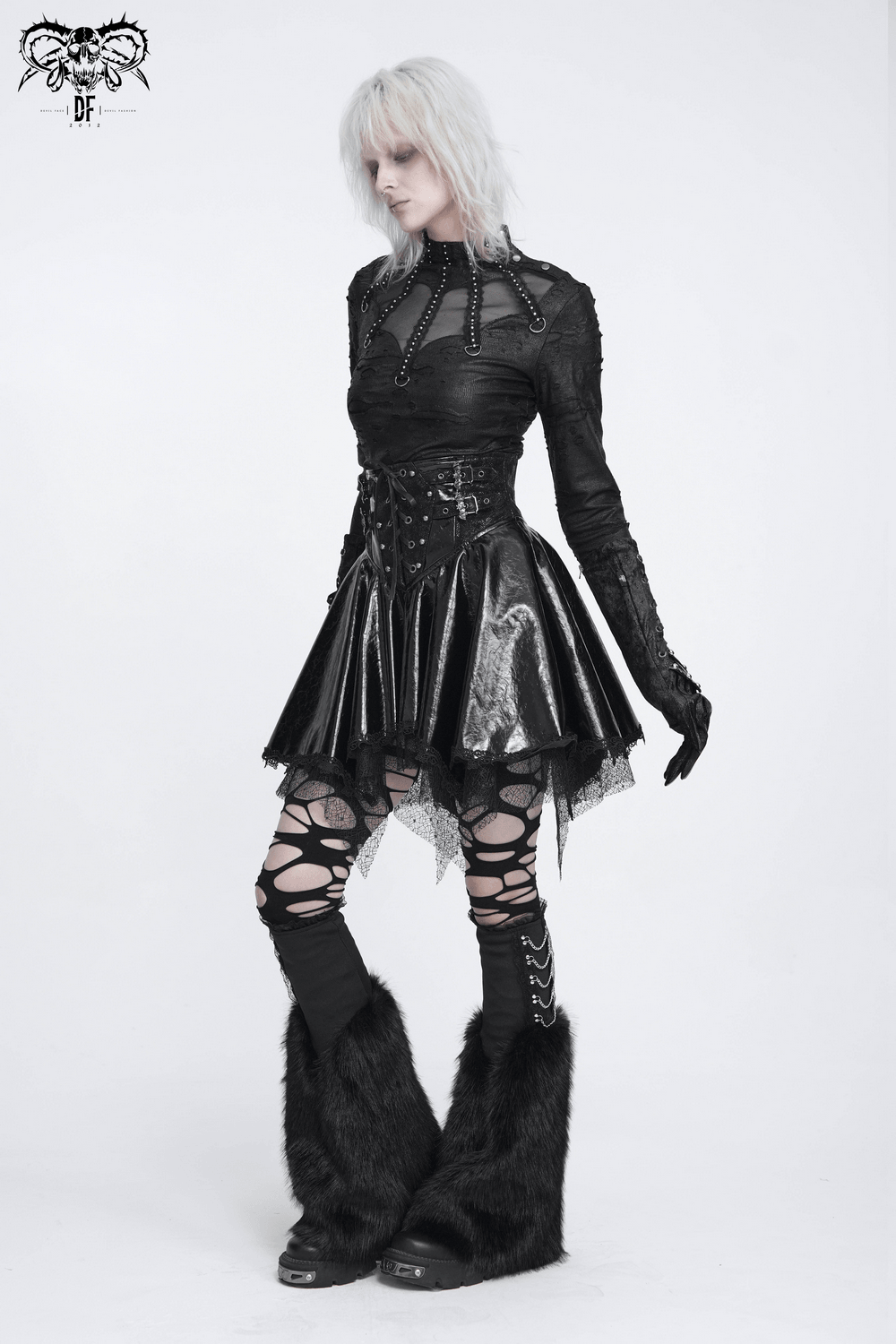 Gothic Black Leg Warmers with Chain Hardware Detail paired with a stylish gothic outfit and accessories.