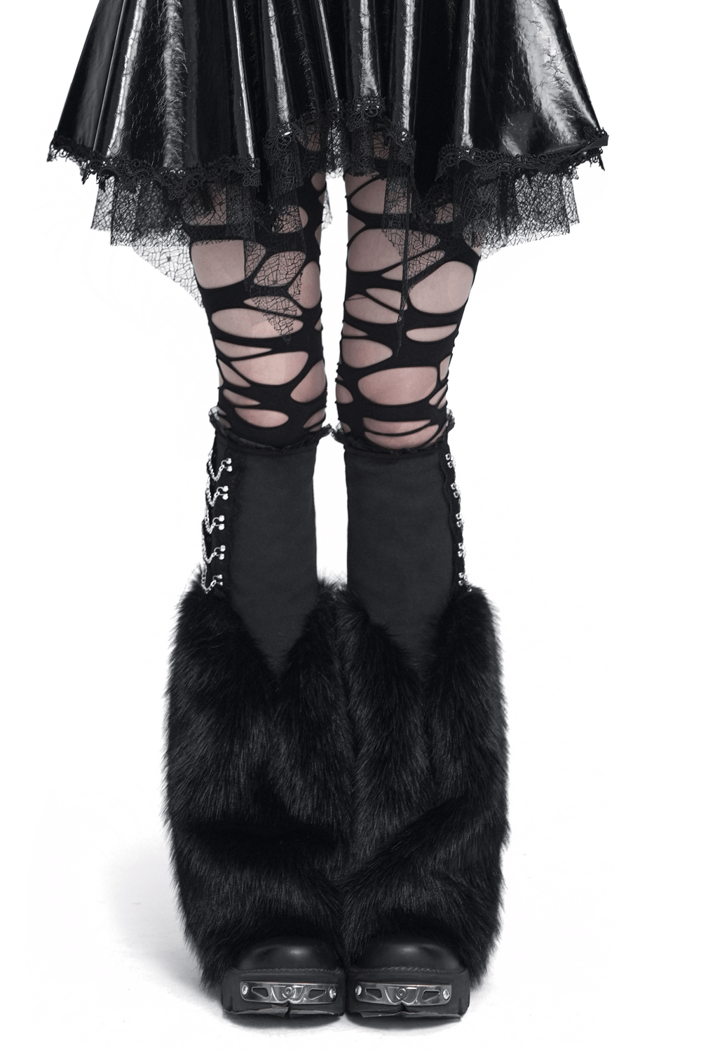 Gothic Black Leg Warmers with Chain Hardware Detail featuring stylish layered textures and fierce fluffy accents.