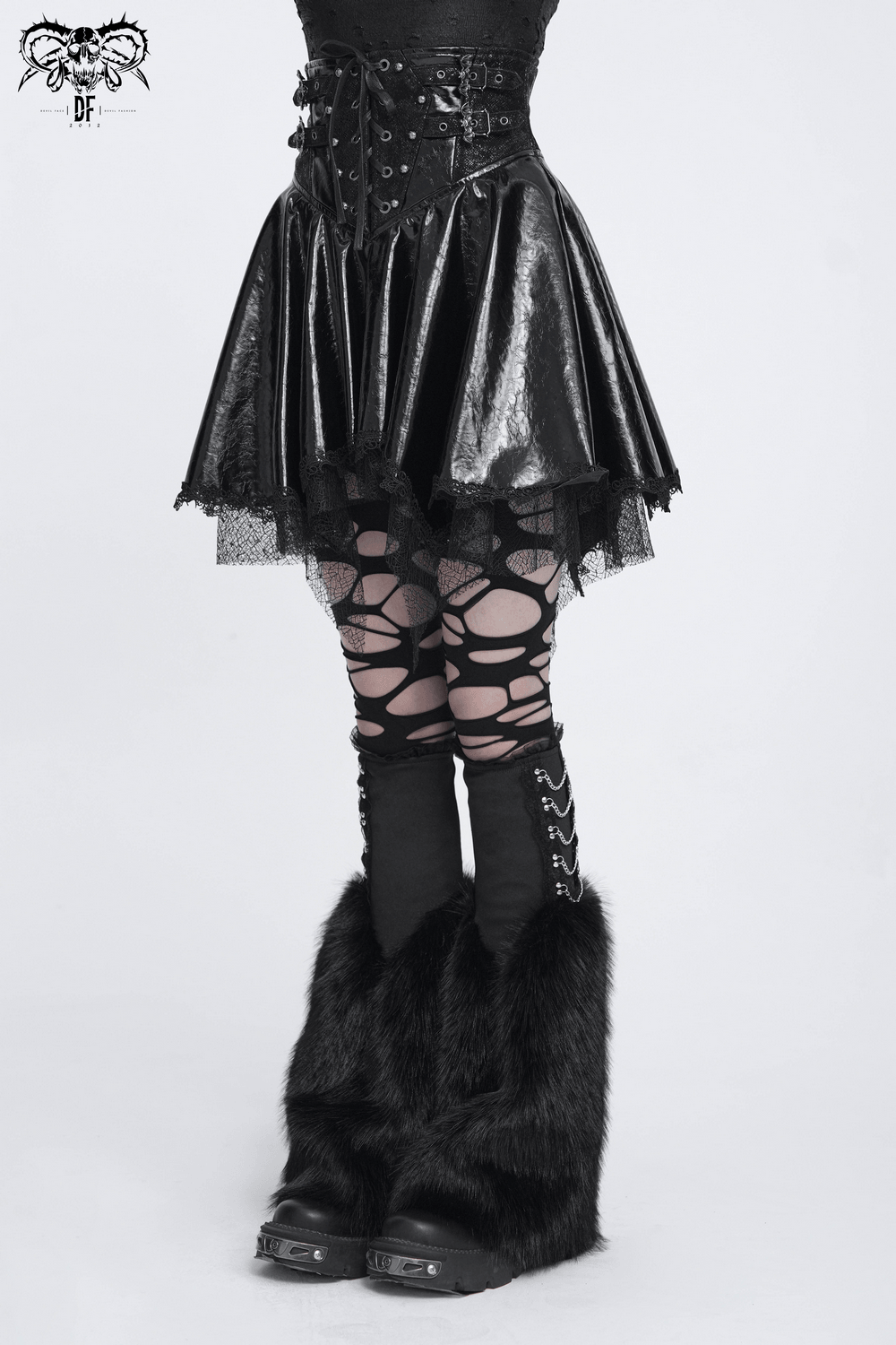 Gothic Black Leg Warmers with Chain Hardware Detail showcased with stylish clothing and accessories.