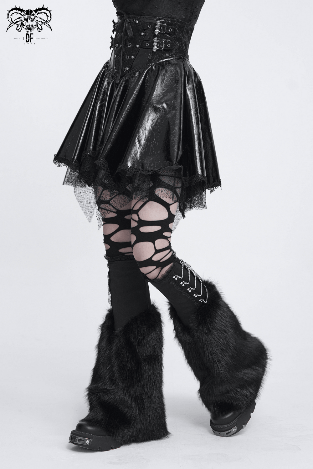 Gothic Black Leg Warmers with Chain Hardware Detail paired with stylish outfit for edgy fashion lovers.