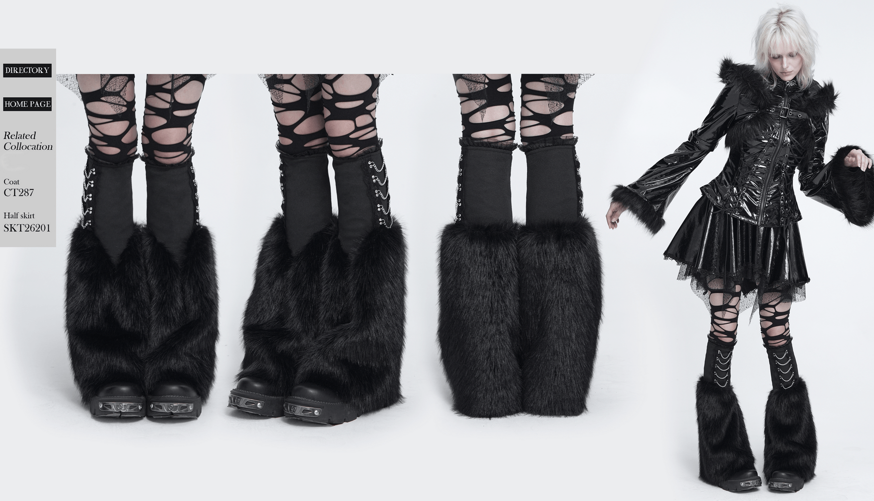 Gothic Black Leg Warmers with Chain Hardware Detail shown on stylish model, featuring furry accents and edgy design.