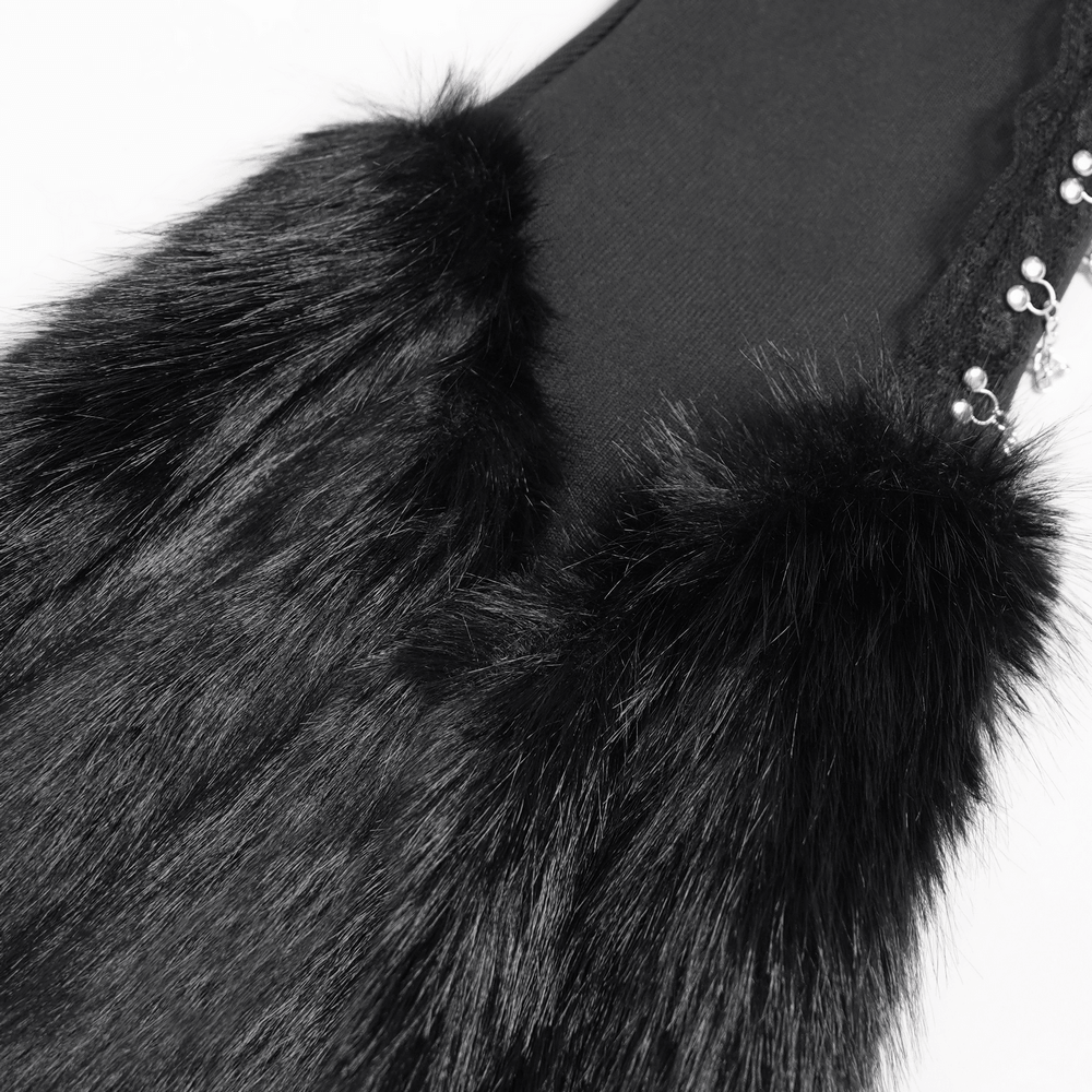 Gothic Black Leg Warmers with Chain Hardware Detail featuring plush black fur and chic chain details.