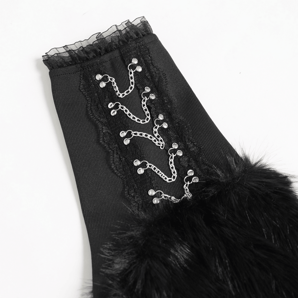 Gothic Black Leg Warmers with Chain Hardware Detail featuring lace and chain accents for a stylish gothic look.