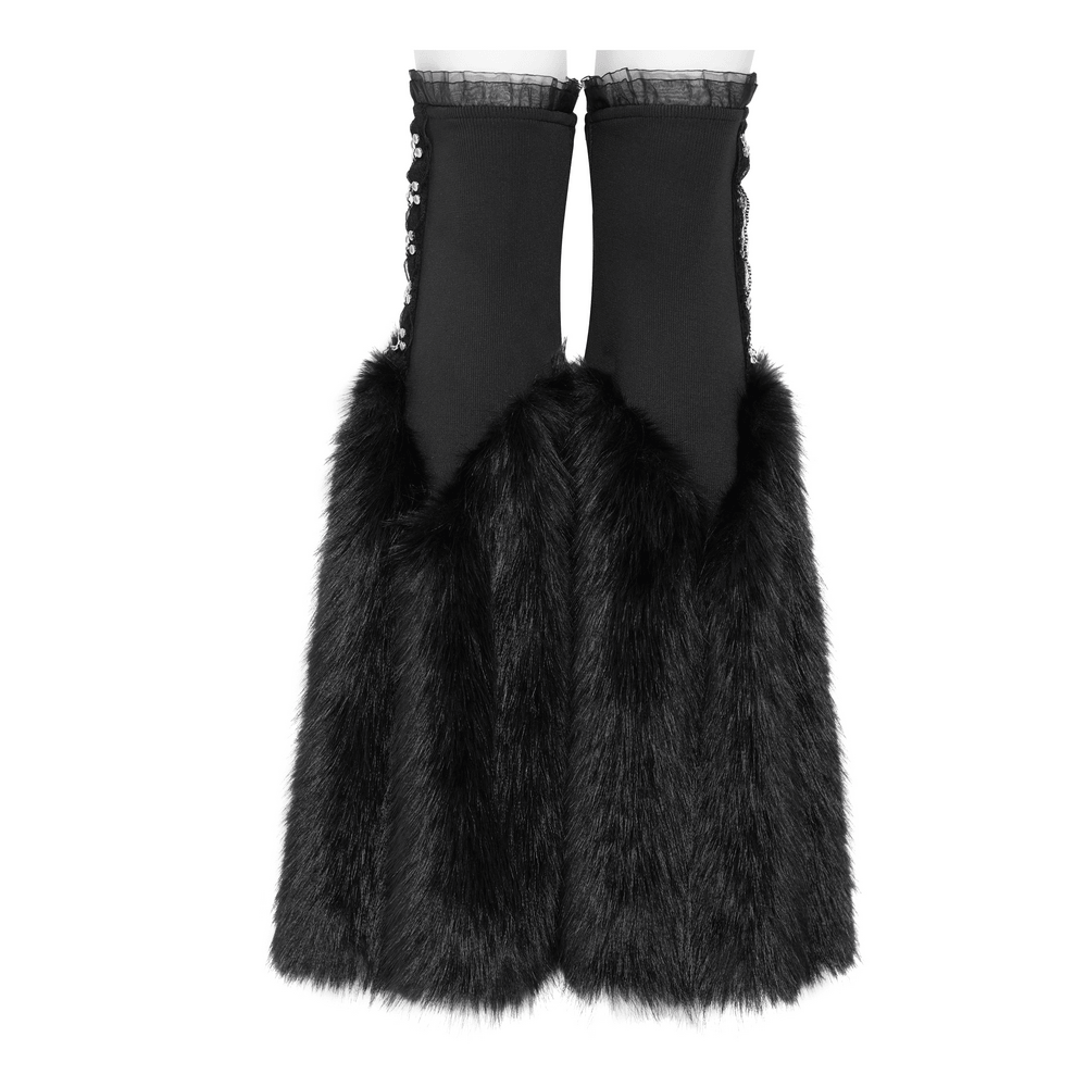 Gothic Black Leg Warmers with Chain Hardware Detail featuring a stylish faux fur design.