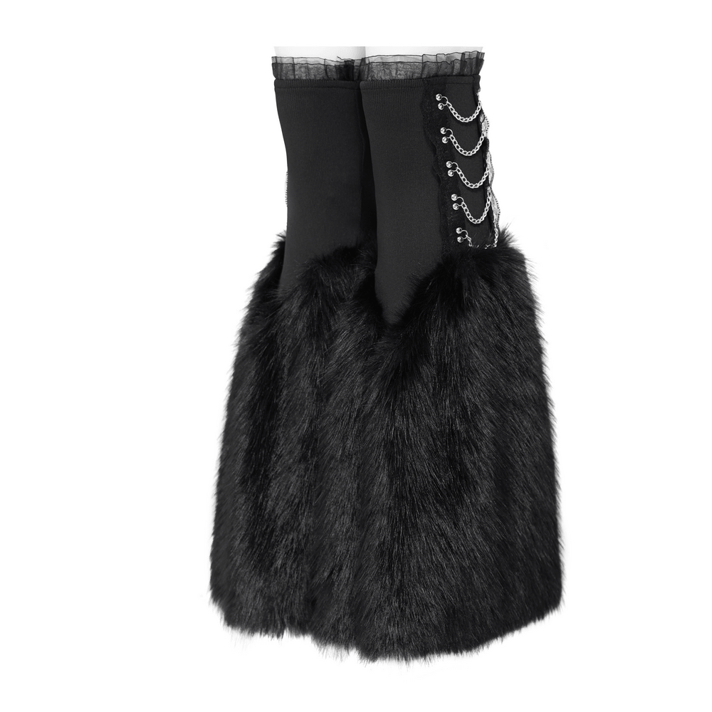 Gothic Black Leg Warmers with Chain Hardware Detail featuring stylish fur accents and chic chain hardware.