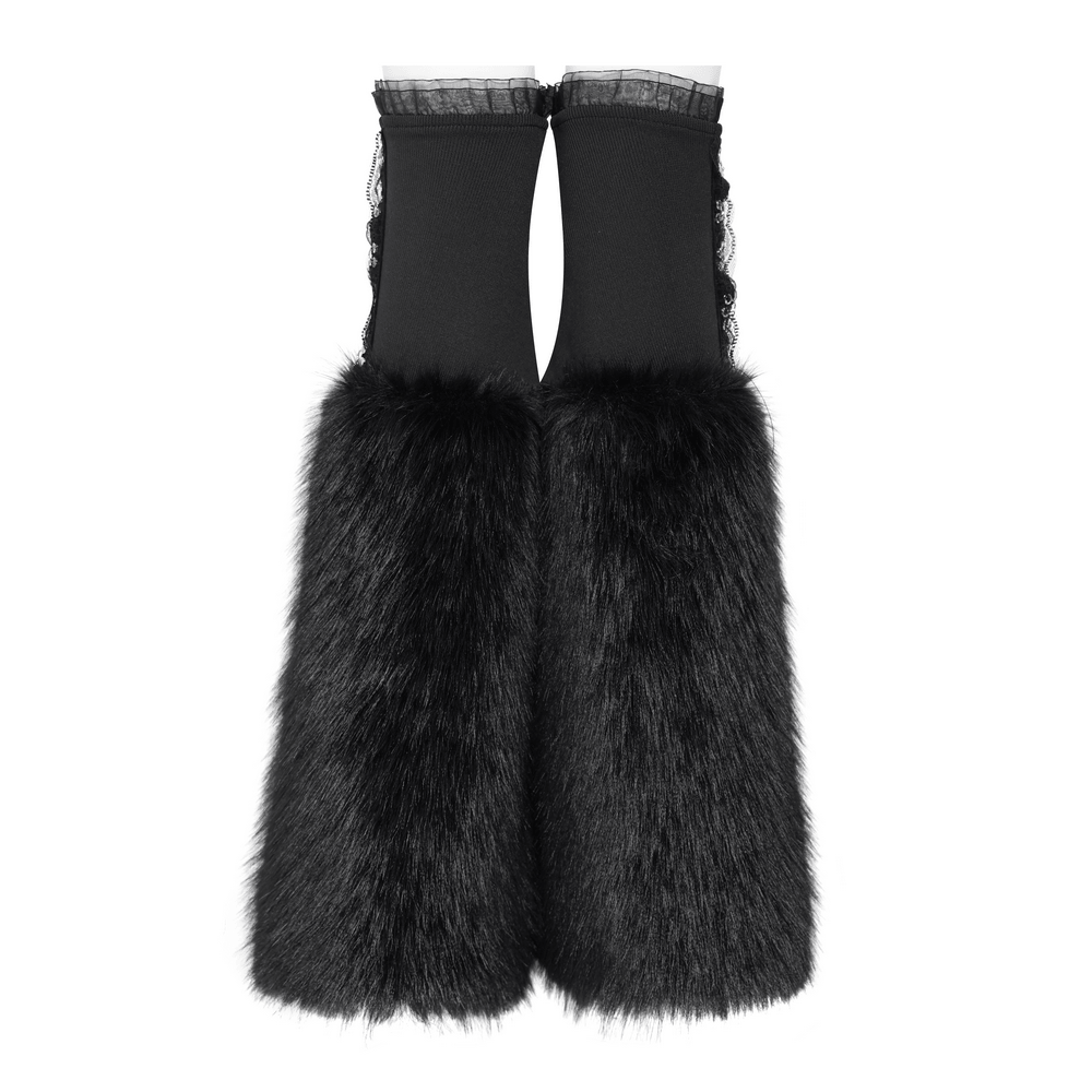 Gothic Black Leg Warmers with Chain Hardware Detail, featuring stylish faux fur and lace accents.