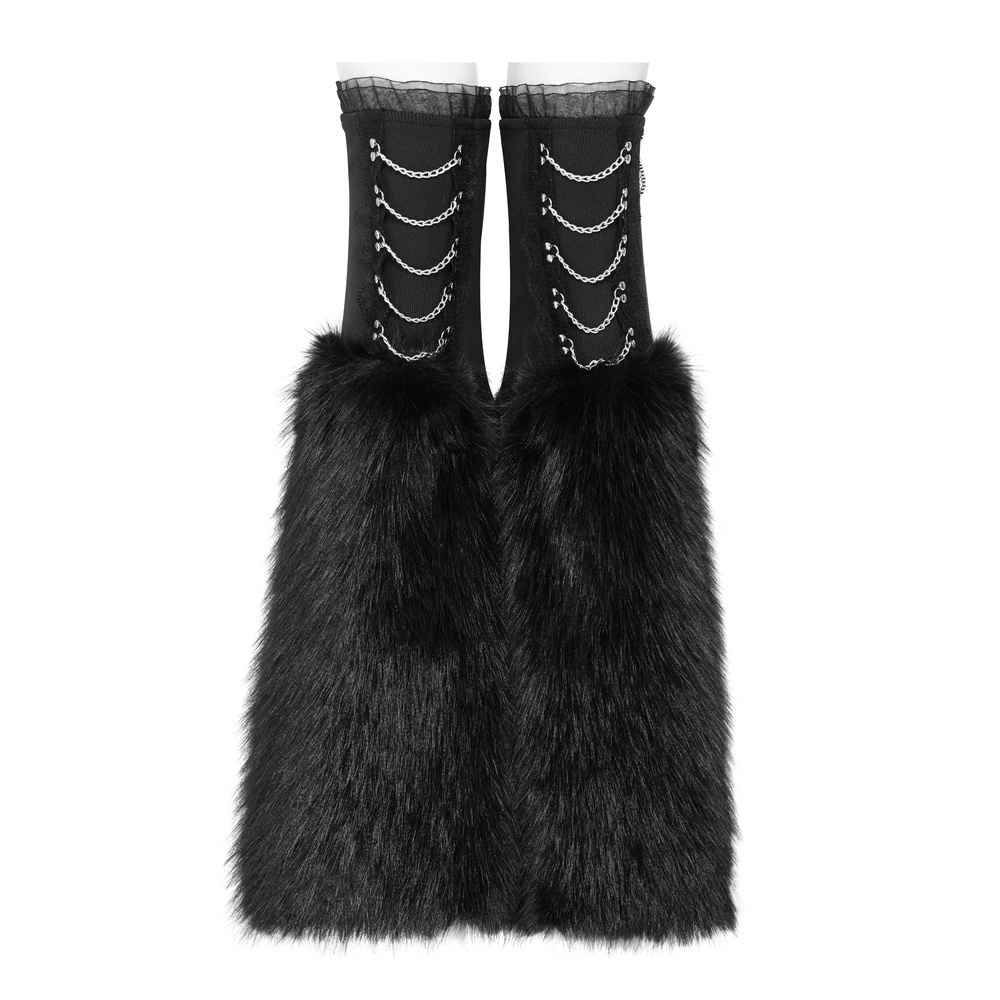 Gothic Black Leg Warmers with Chain Hardware Detail featuring a chic furry design and stylish chain embellishments.