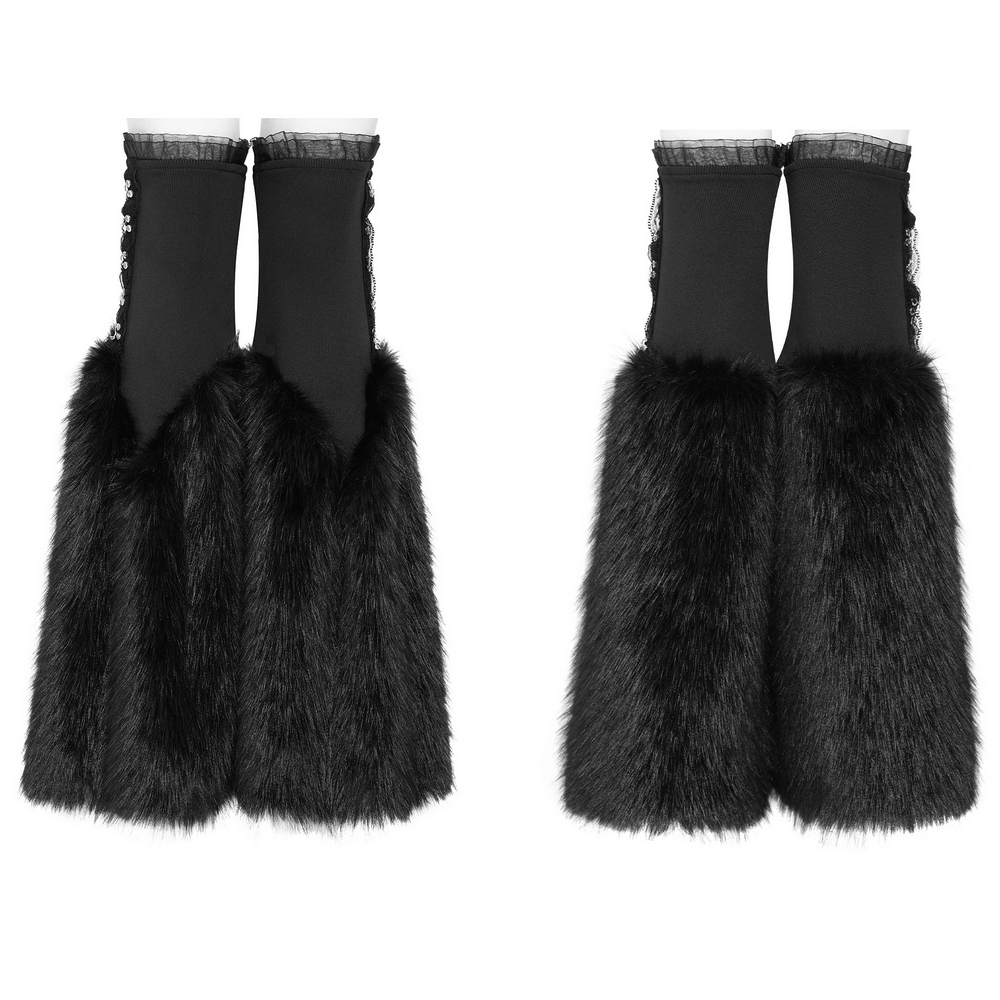 Gothic Black Leg Warmers with Chain Hardware Detail featuring black fur and lace accents.