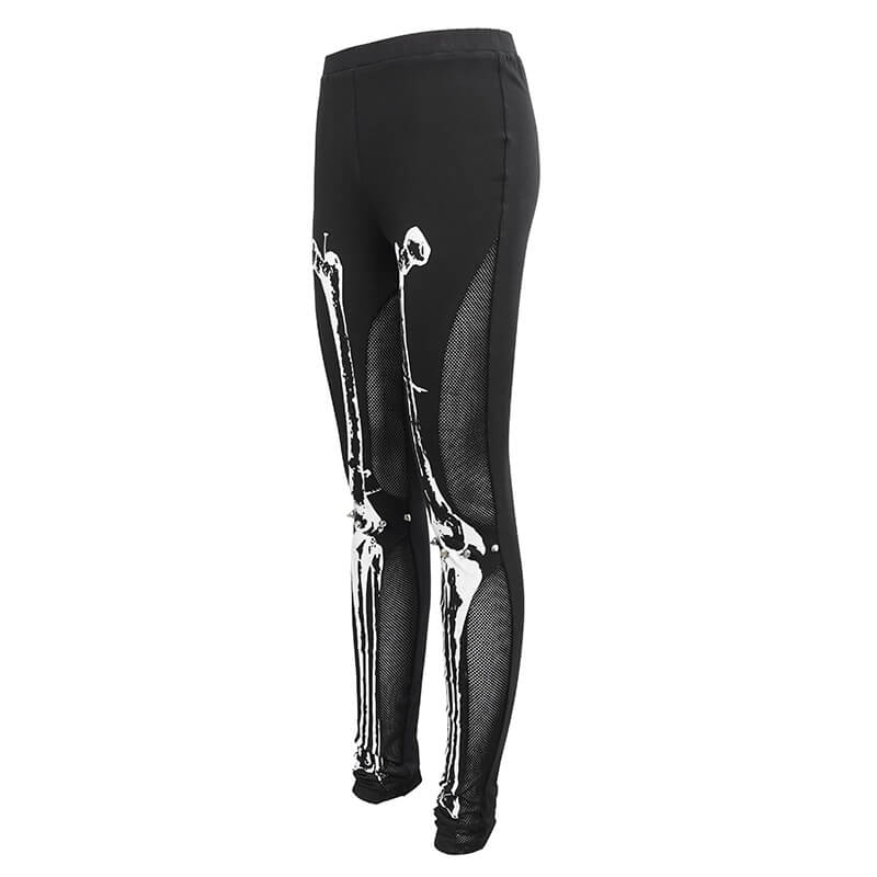 Gothic black leggings with skeleton pattern for women, featuring a stylish and form-fitting cut.